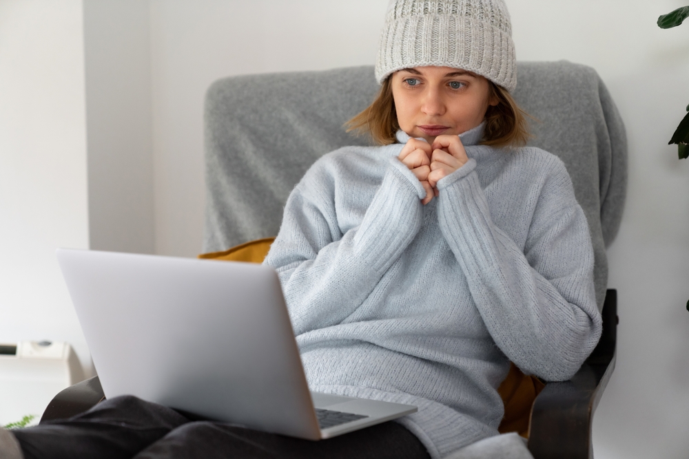 A,Woman,In,Warm,Clothes,With,Laptop.,Low,Heating,Temperature A,Woman,In,Warm,Clothes,With,Laptop.,Low,Heating,Temperature